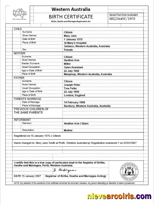 Australia Western Australia birth certificate, version 3